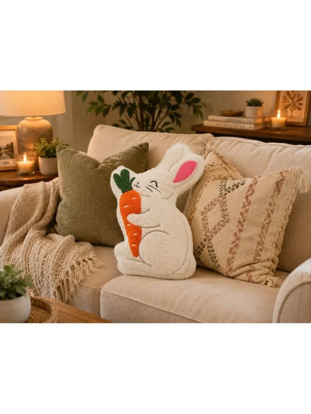 New Cute Easter Bunny Rabbit W/ Carrot Decorative Holiday Pillow